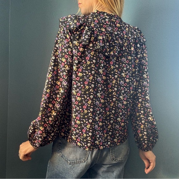 Black Floral Long Sleeve Ruffled Yoke Prairie Blouse size Large - Picture 5 of 9